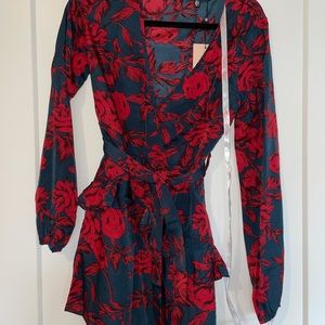 Red floral frill waist v neck smock dress Clearance